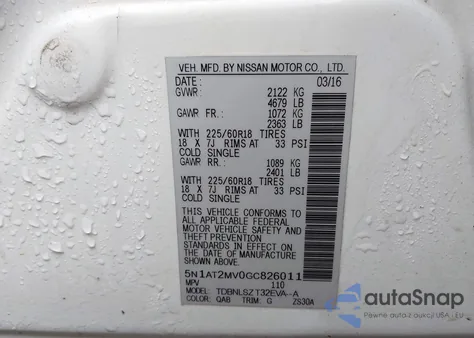 2016 Nissan Rogue Sl из США, поврежденный, VIN 5N1AT2MV0GC826011